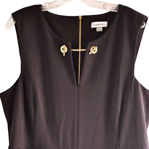 Calvin Klein Size 16 Elegant Stretch Belted Jumpsuit Gold Chain Neck Black - Picture 2 of 8